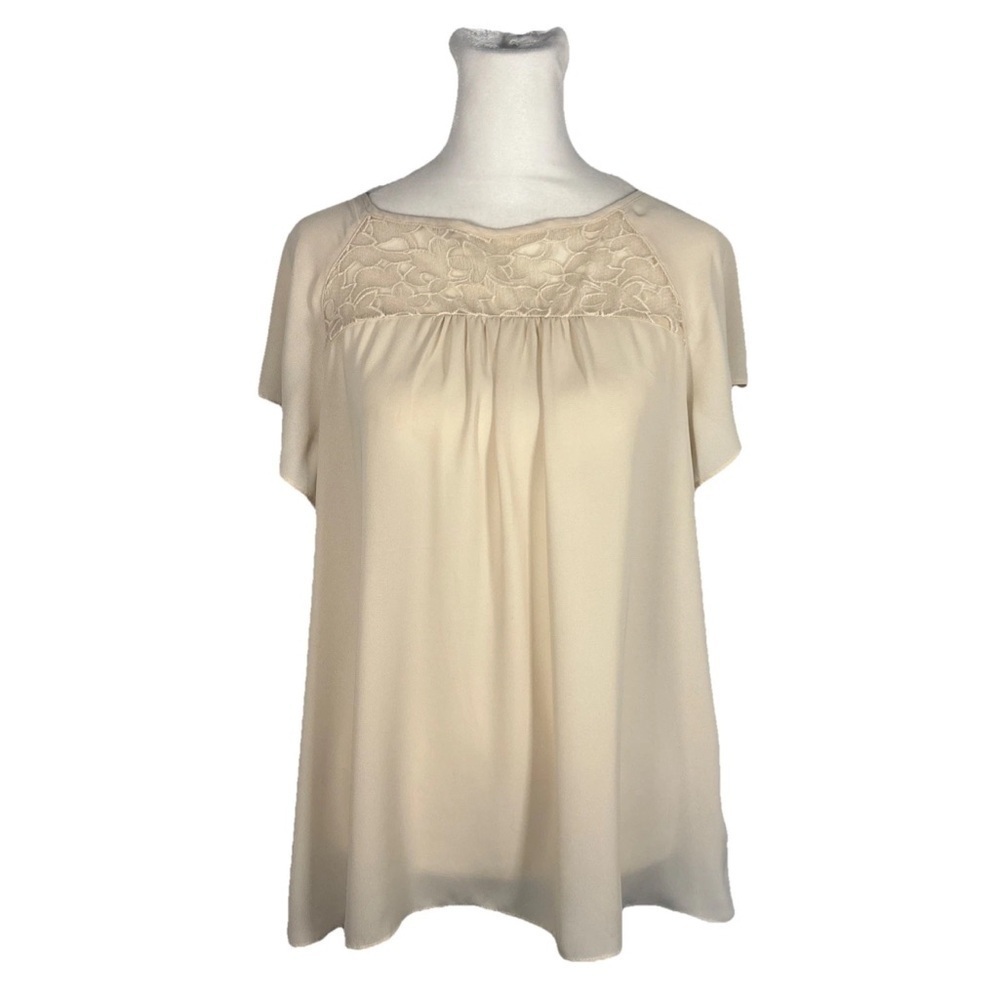 Anthropologie Maeve Lace Trace Tee Blouse Women's 10 Ivory Flutter Sleeve Top